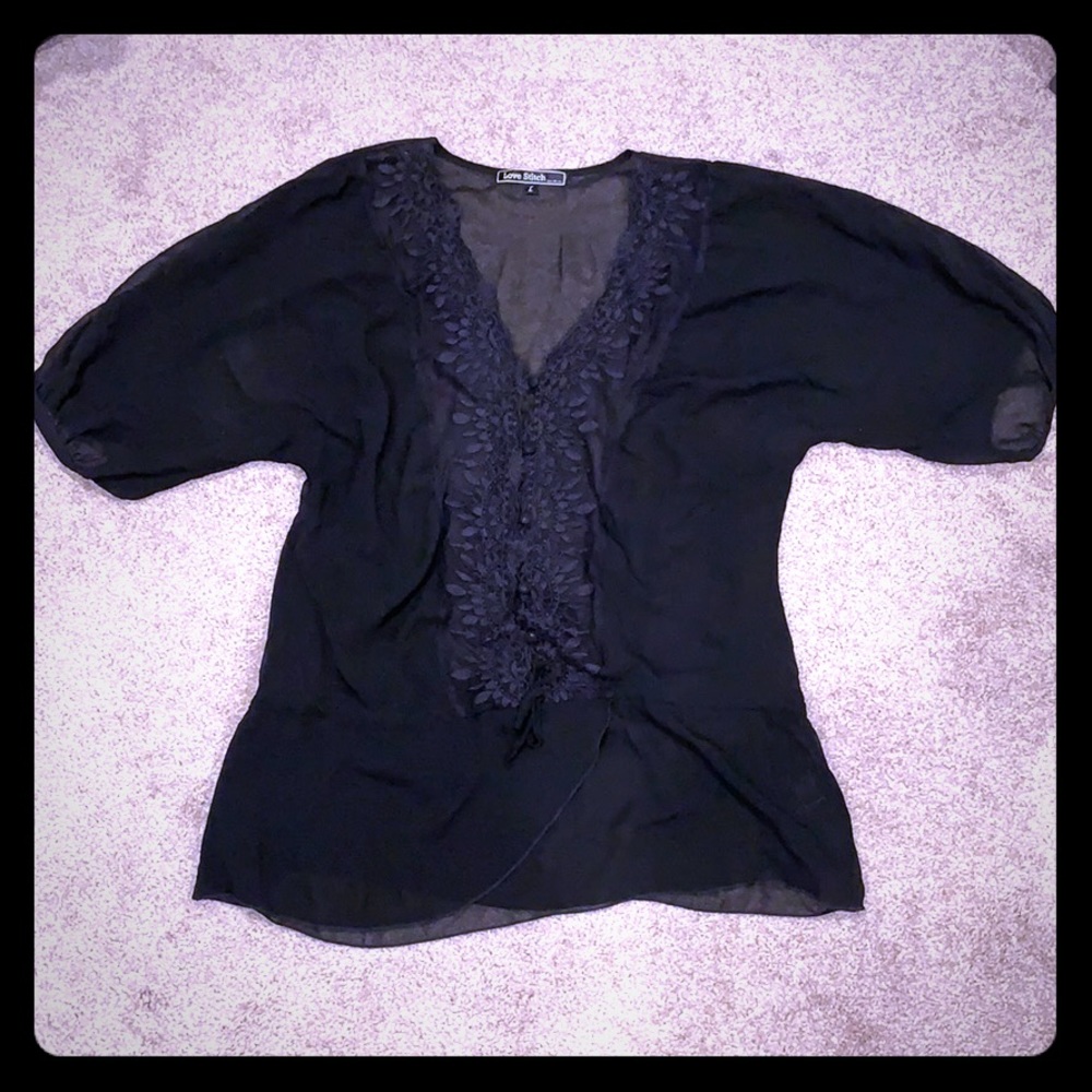 Sheer and Lace Puff Sleeve Top/Coverup